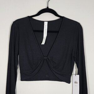 ALO Yoga Ribbed Knotty Long Sleeve cropped top Black size L NWT